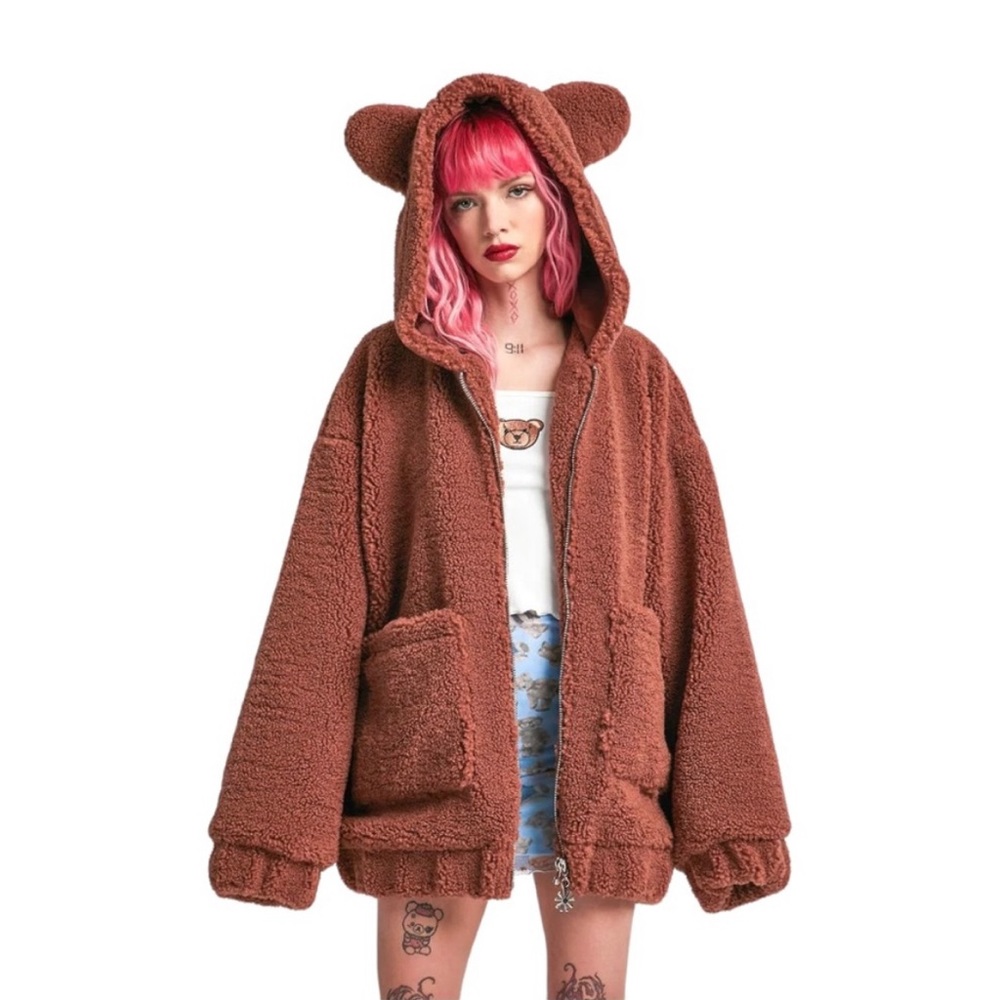 Delia’s Teddy Brown Faux Sherpa zip up jacket - Lined - Oversized - Cozy Size S
